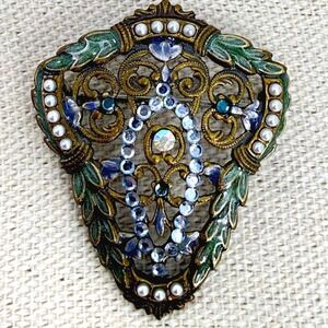 Anne Koplik Designs Filigree Shield Brooch Blue Rhinestone Faux Pearl Enamel